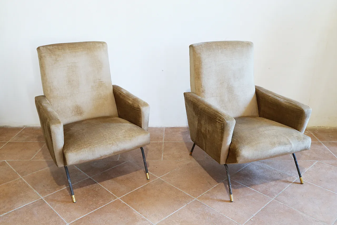 Pair of golden velvet armchairs by Zanuso, mid-20th century 11