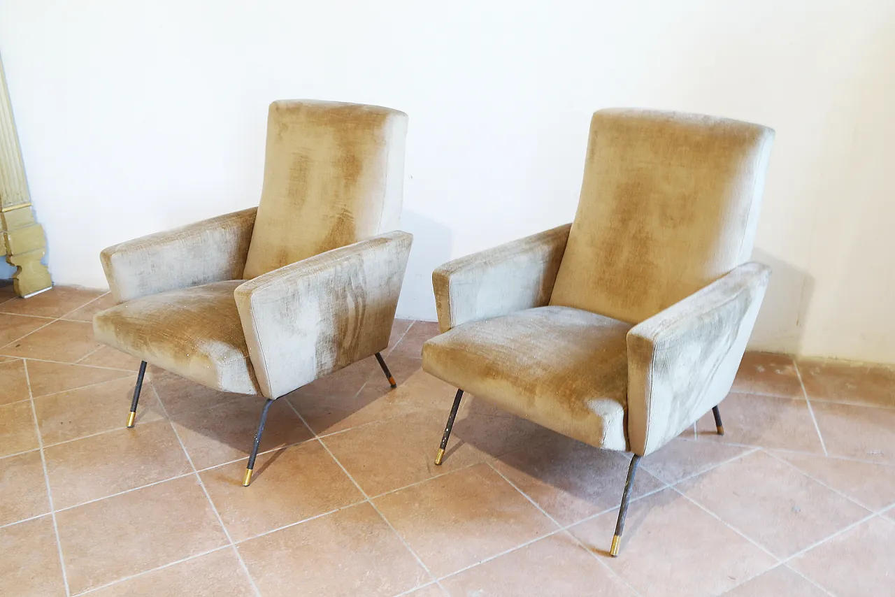 Pair of golden velvet armchairs by Zanuso, mid-20th century 12