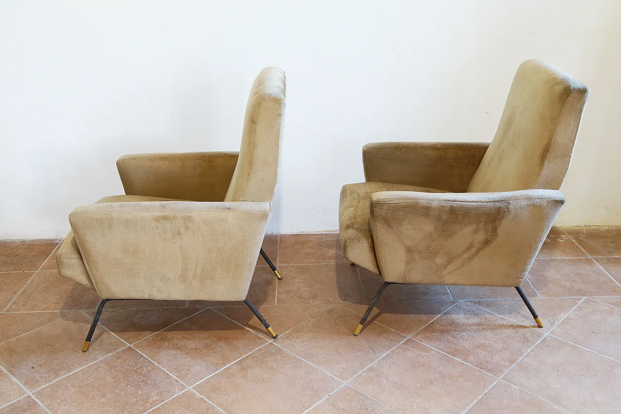 Pair of golden velvet armchairs by Zanuso, mid-20th century 13