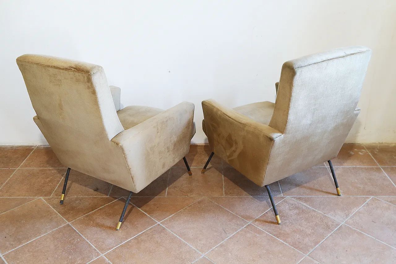 Pair of golden velvet armchairs by Zanuso, mid-20th century 16