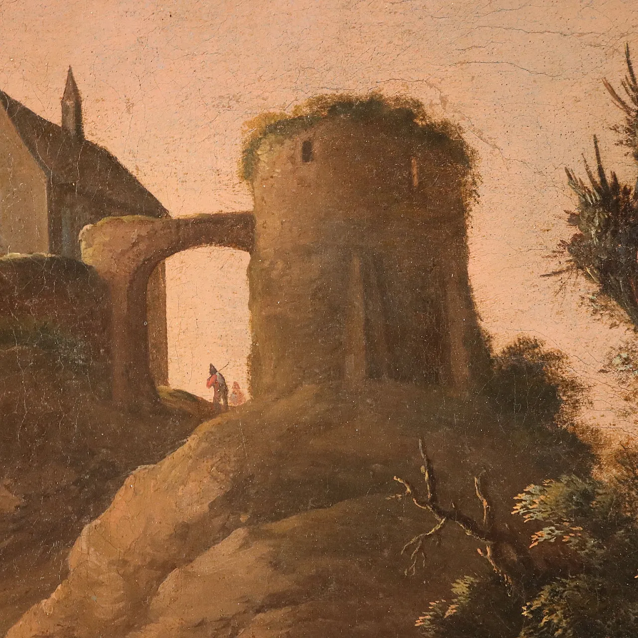 Dipinto Paesaggio con Figure ed Edifici, primo '900 5