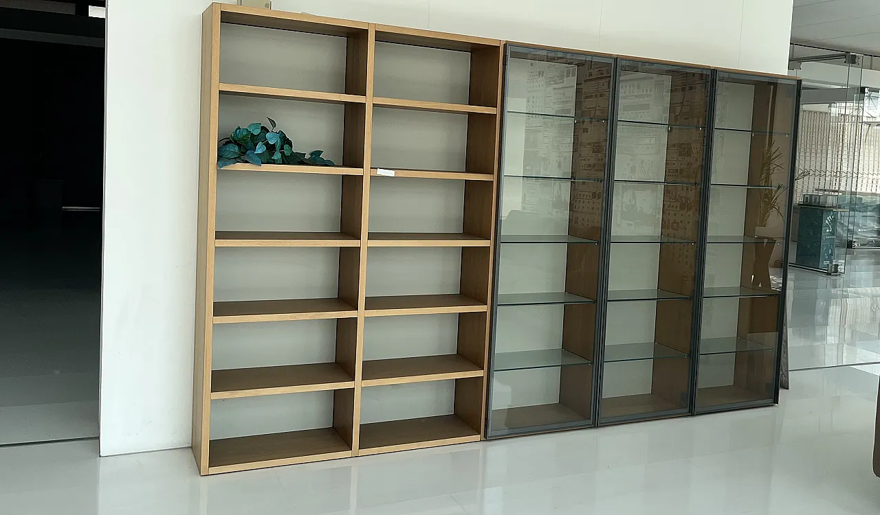 Modern equipped wall bookcase in laminate and glass, 2000s 1