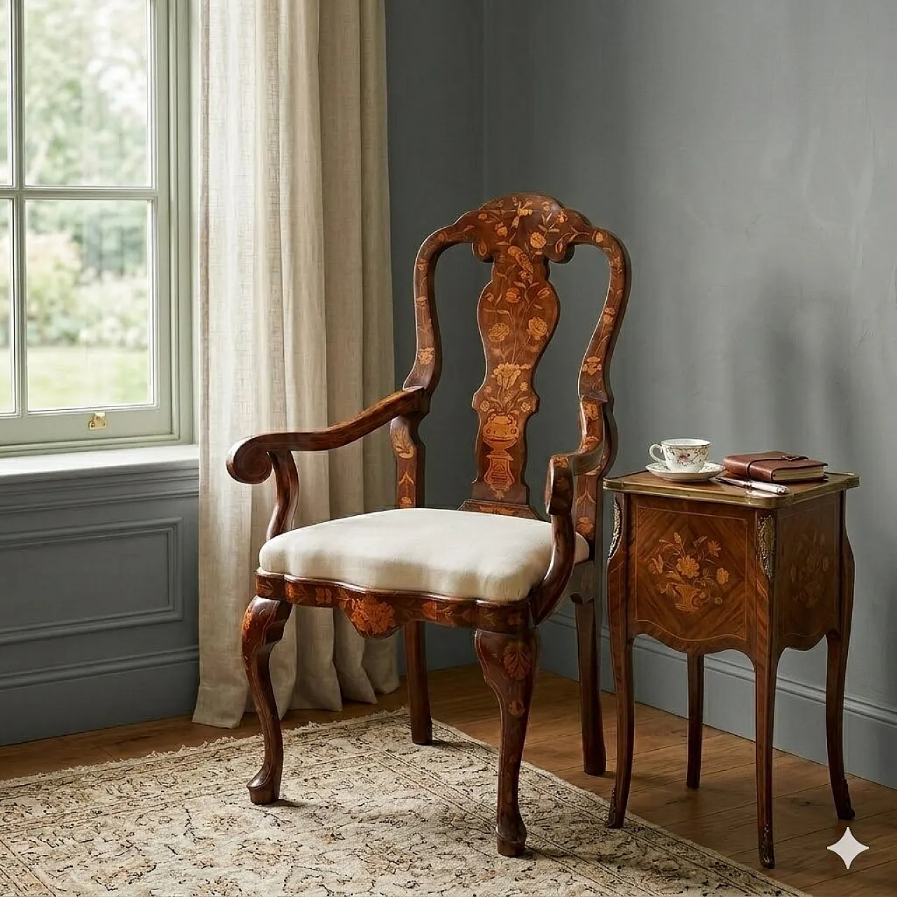 Walnut armchair with threads and floral carvings, 19th century 2