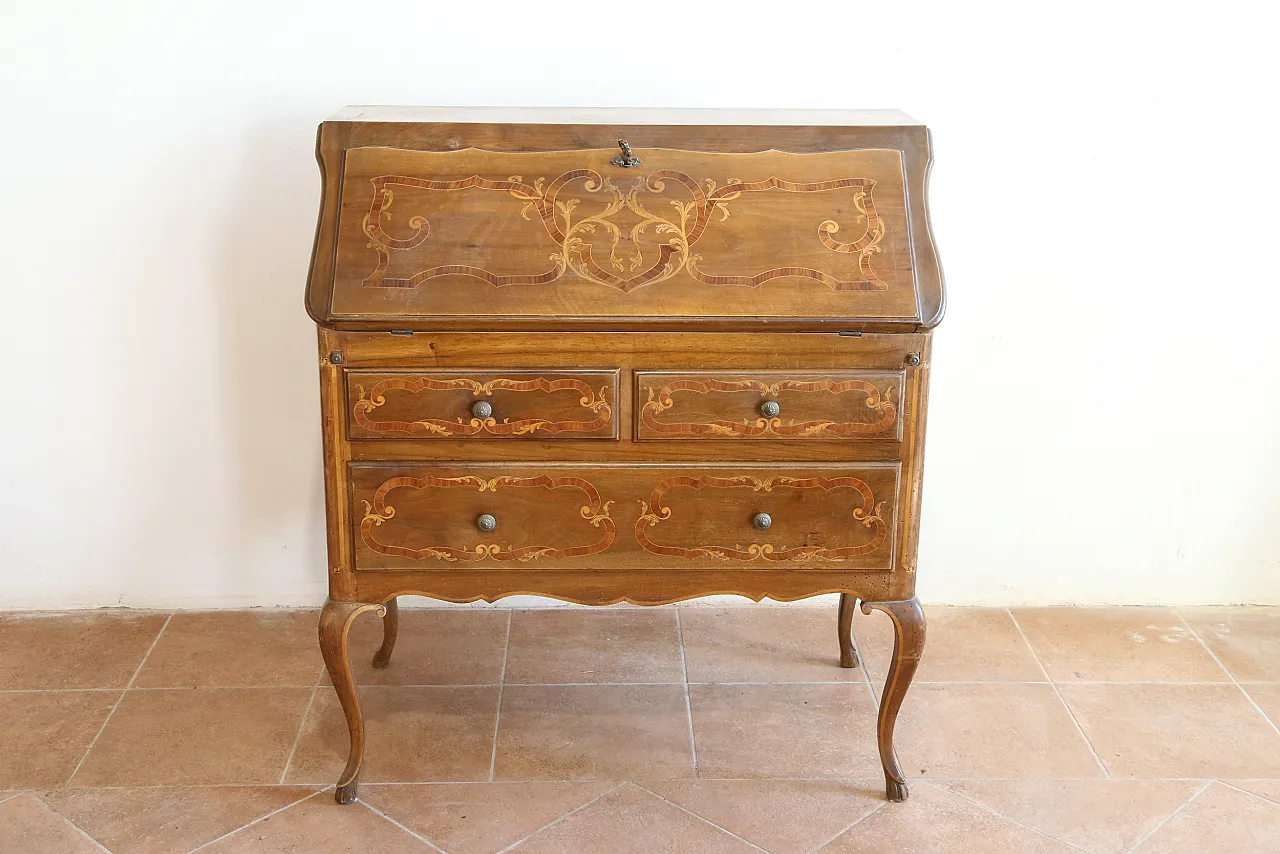 Ribalta secretaire bureau Luigi XV intarsiata noce cerea, '900 1