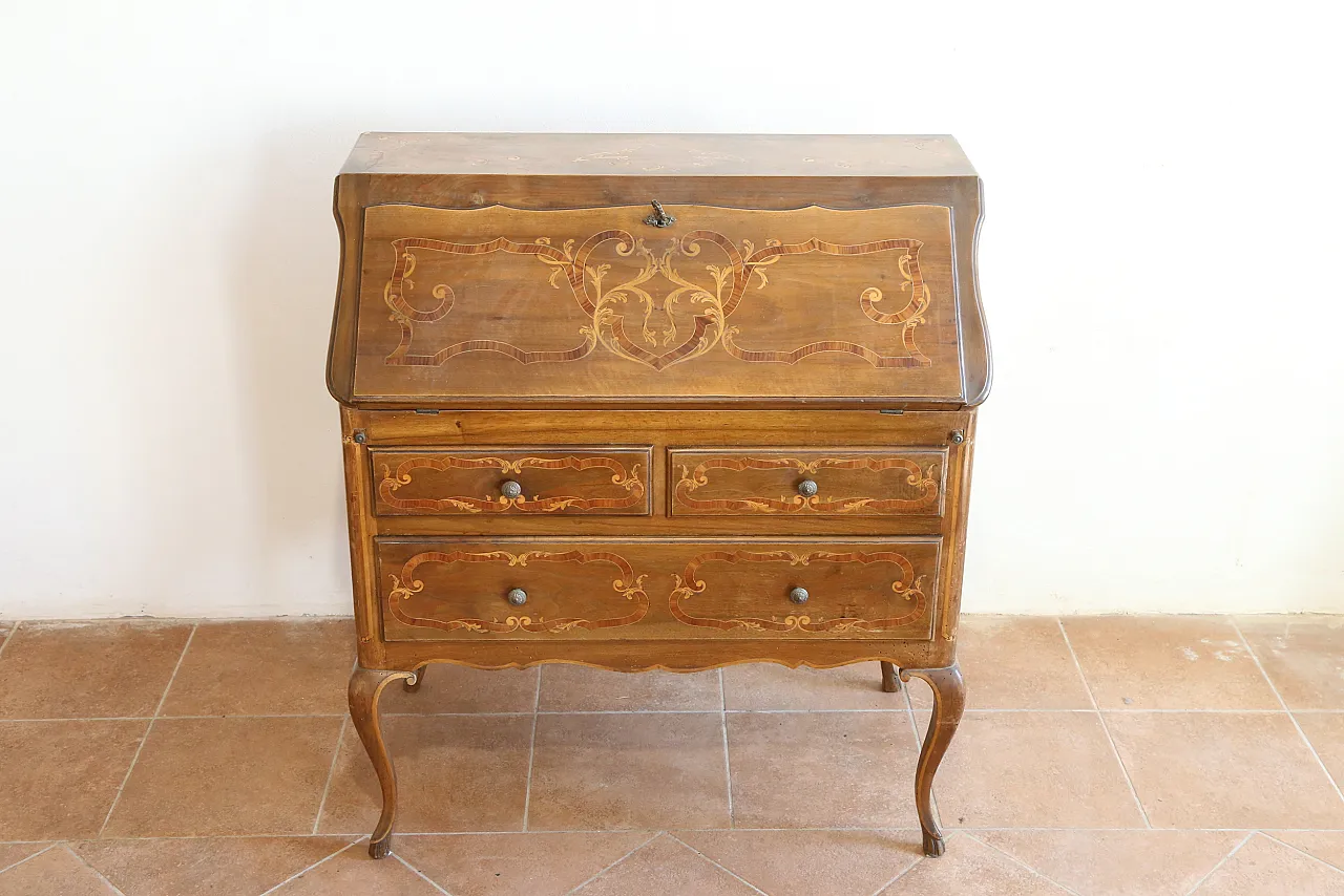 Ribalta secretaire bureau Luigi XV intarsiata noce cerea, '900 2