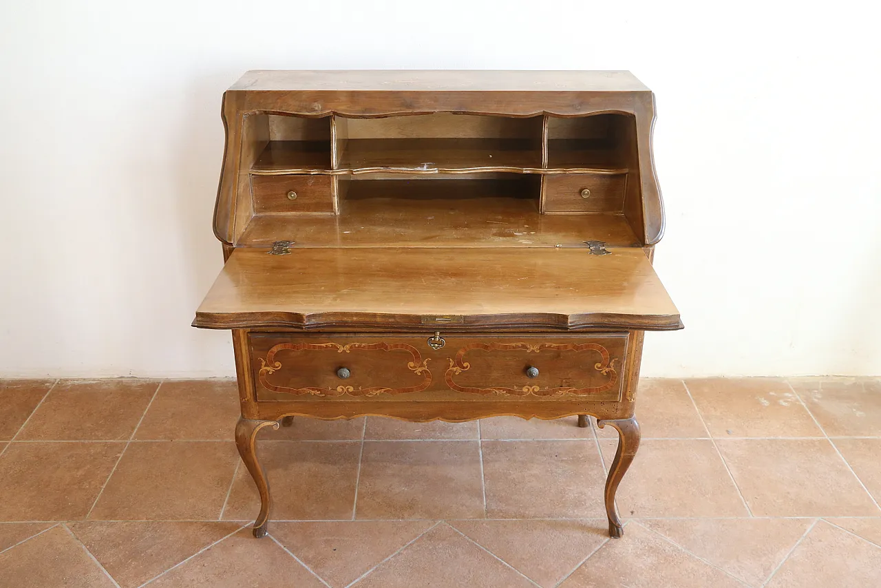 Ribalta secretaire bureau Luigi XV intarsiata noce cerea, '900 6