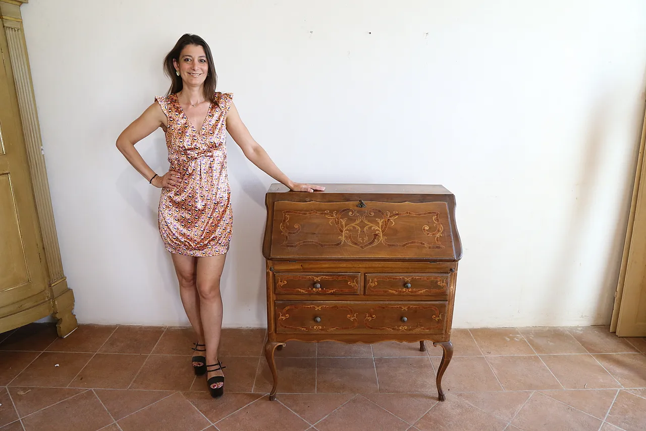 Ribalta secretaire bureau Luigi XV intarsiata noce cerea, '900 8