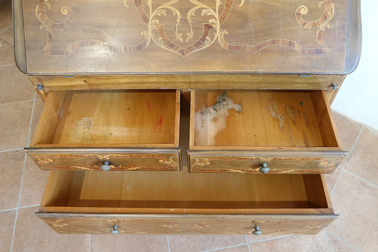 Ribalta secretaire bureau Luigi XV intarsiata noce cerea, '900 9