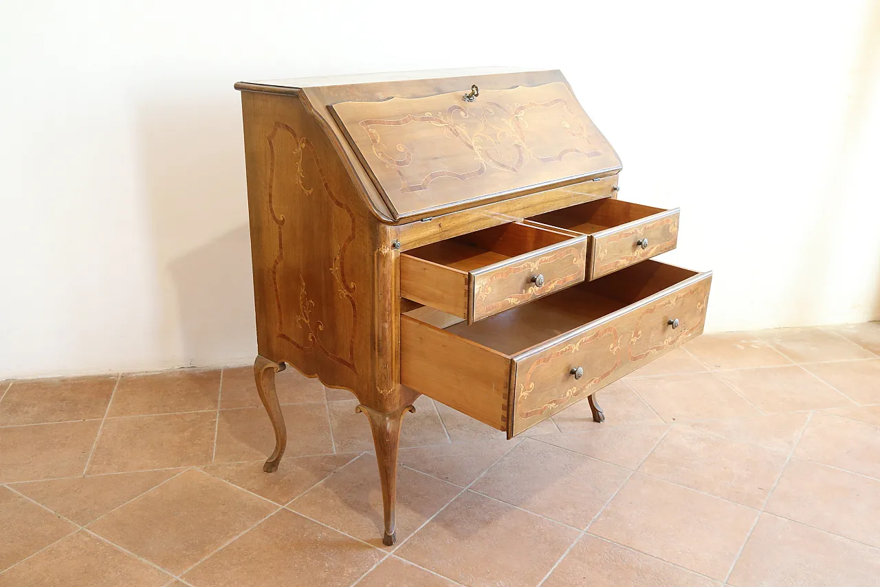 Ribalta secretaire bureau Luigi XV intarsiata noce cerea, '900 10