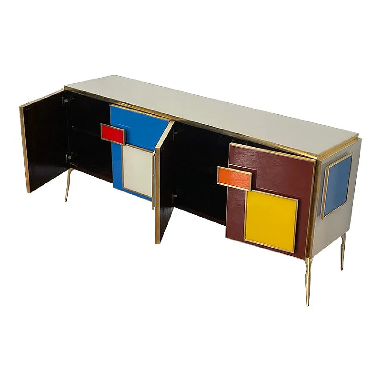Credenza a quattro ante in vetro con maniglie illuminate, anni '80 4