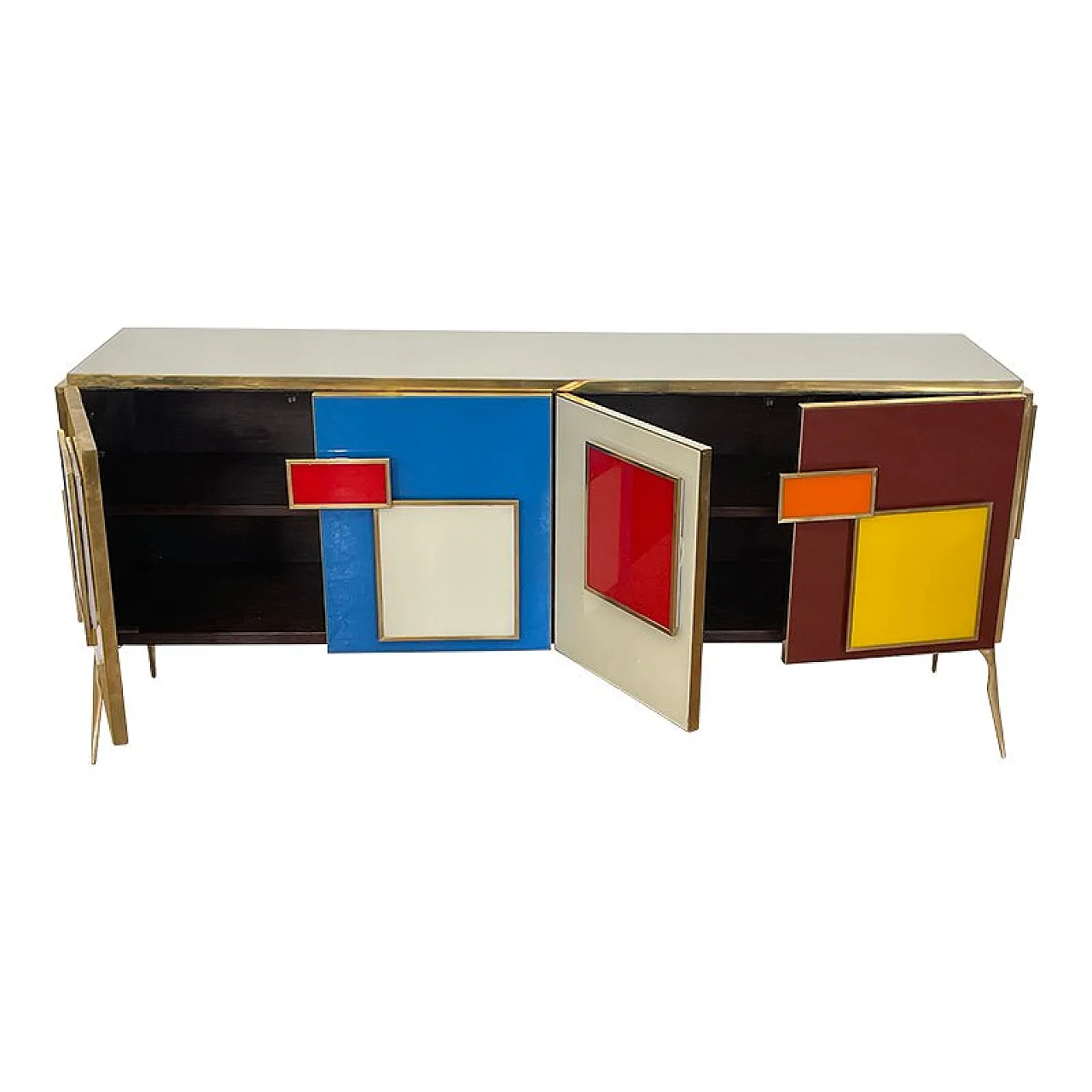 Credenza a quattro ante in vetro con maniglie illuminate, anni '80 5