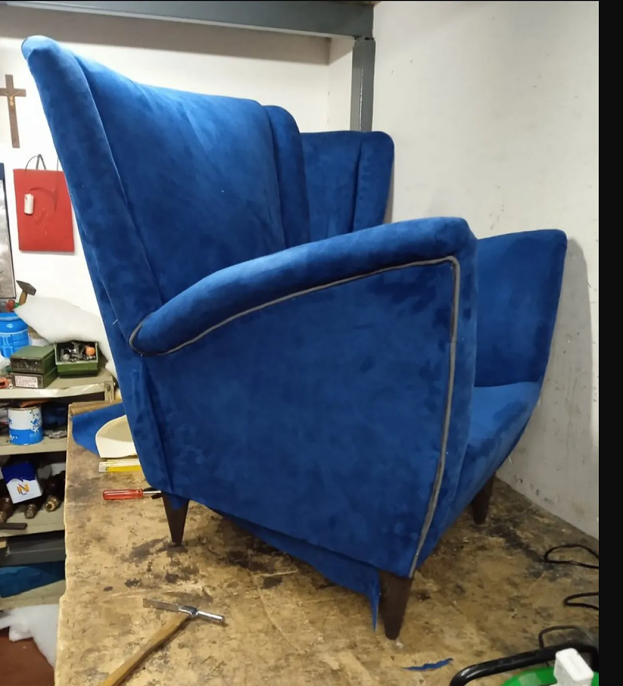 Pair of blue fabric armchairs by ISA Bergamo, 1950s 8