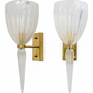Coppia di applique in vetro iridescente di Murano e ottone, anni '90
