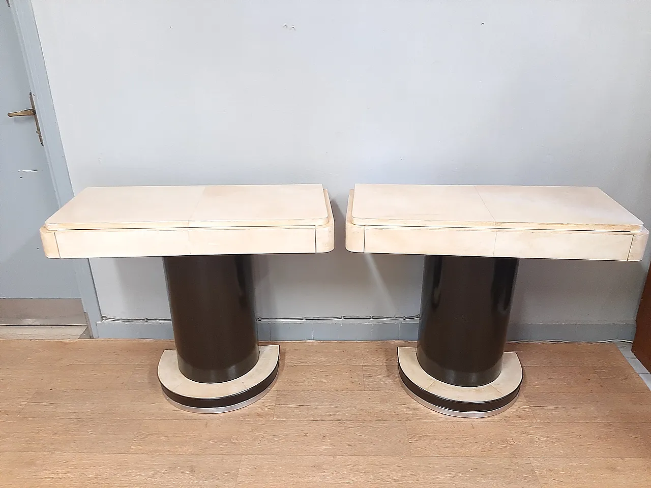 Pair of small art deco consoles in dark walnut and parchment, 1940s 2