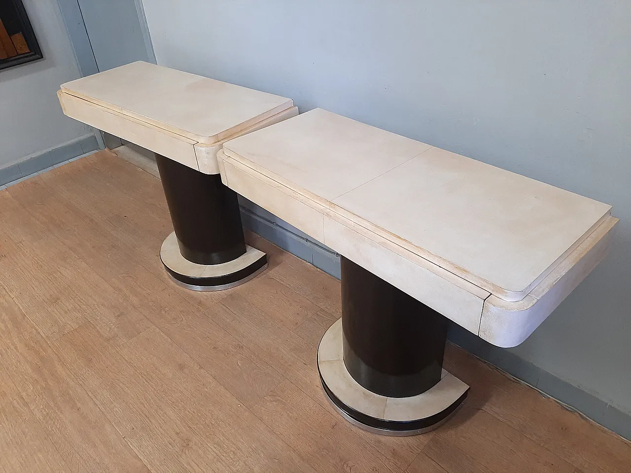 Pair of small art deco consoles in dark walnut and parchment, 1940s 3