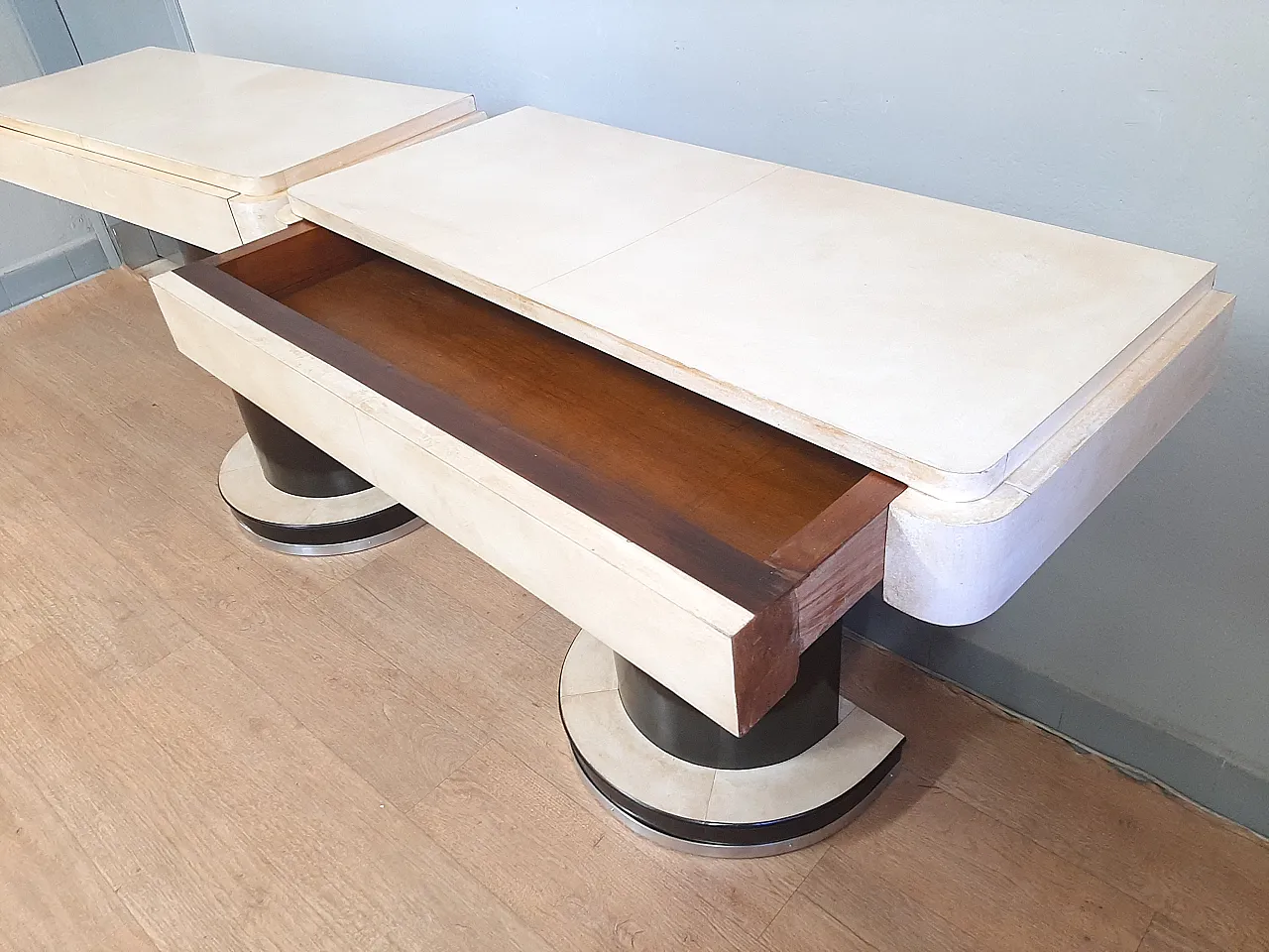Pair of small art deco consoles in dark walnut and parchment, 1940s 4