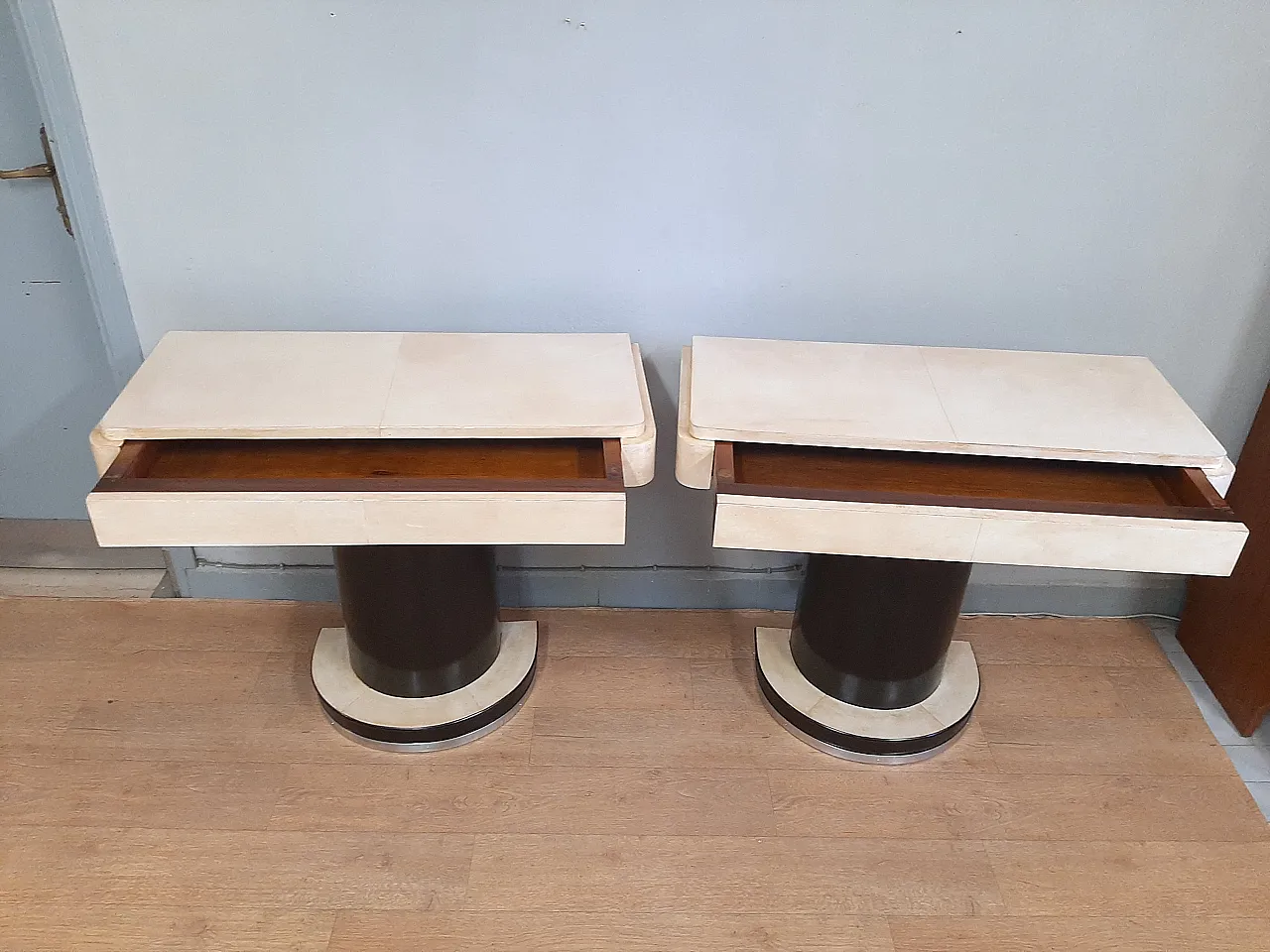 Pair of small art deco consoles in dark walnut and parchment, 1940s 5