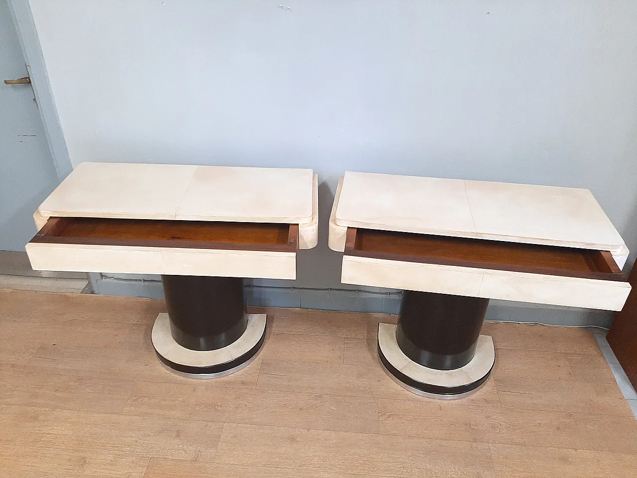 Pair of small art deco consoles in dark walnut and parchment, 1940s 6