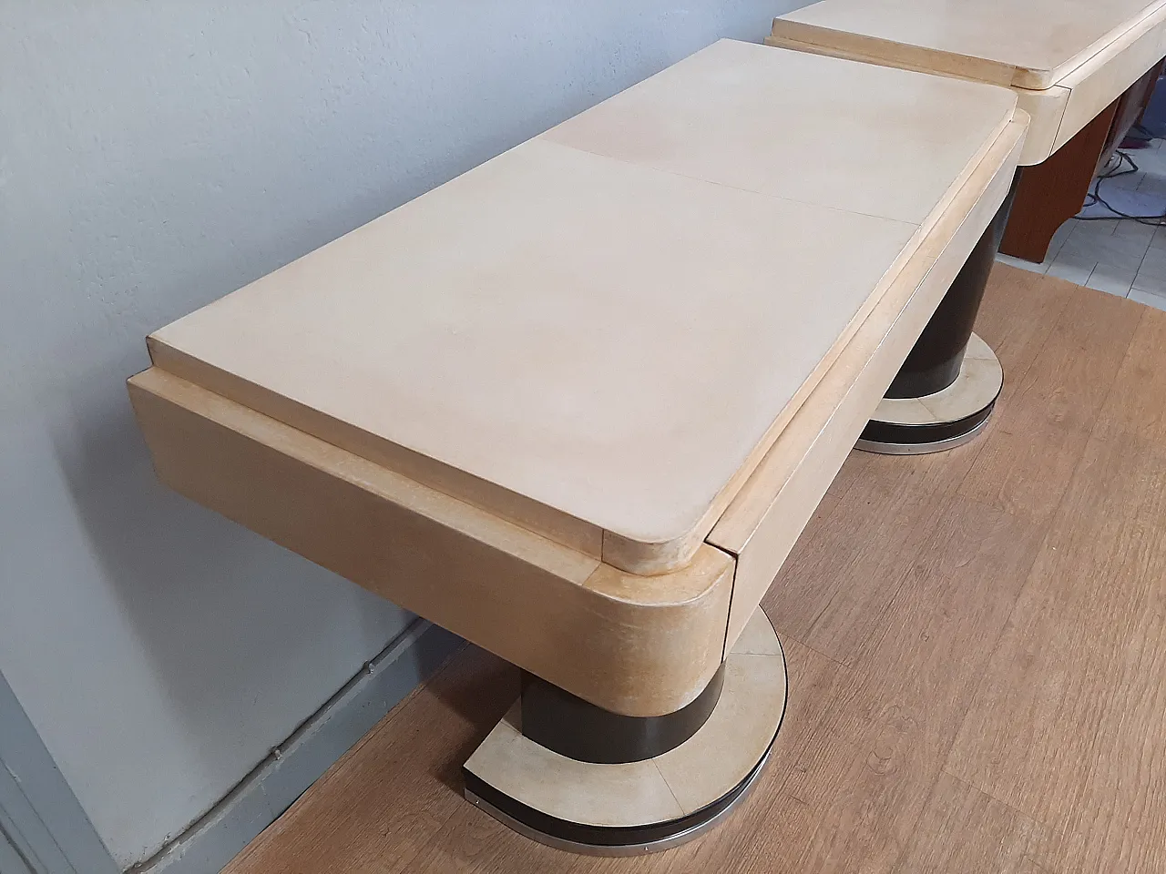 Pair of small art deco consoles in dark walnut and parchment, 1940s 8