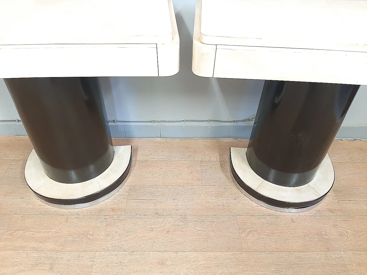 Pair of small art deco consoles in dark walnut and parchment, 1940s 10