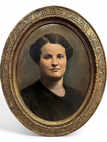 Dipinto olio su tavola ovale raffigurante donna, '800