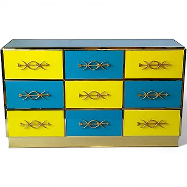 Chest of drawers in colored laminate with brass finishes and 9 drawers, 1980s