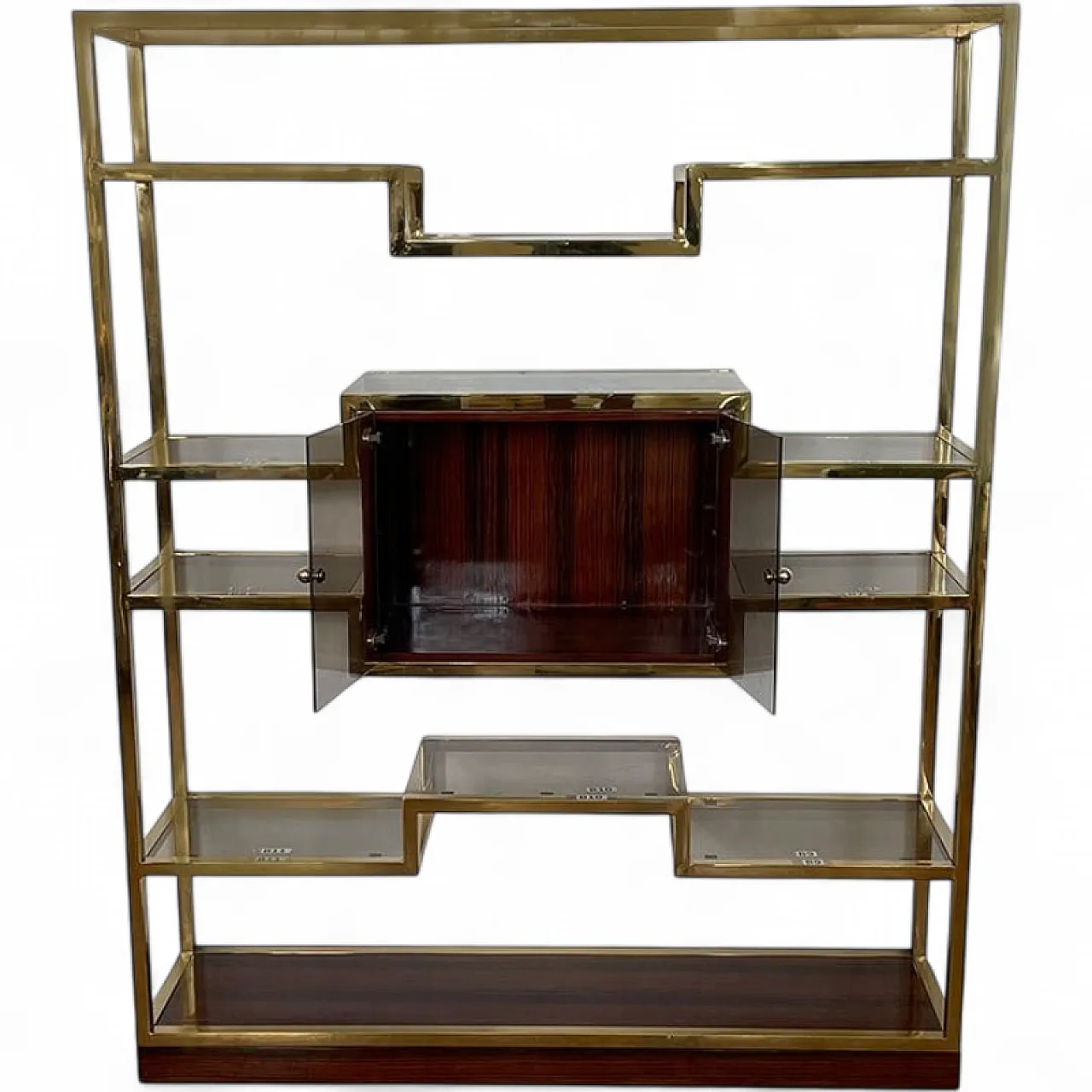 Bookcase with showcase in golden brass and Makassar, 1990s 10