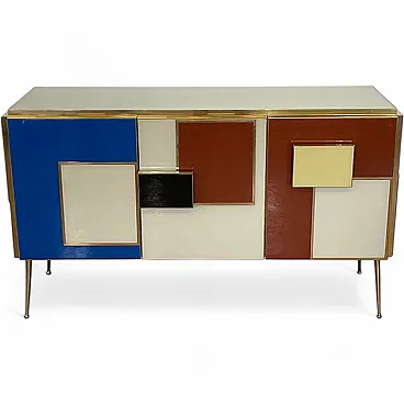 Sideboard with three multicolored glass doors, 1980s