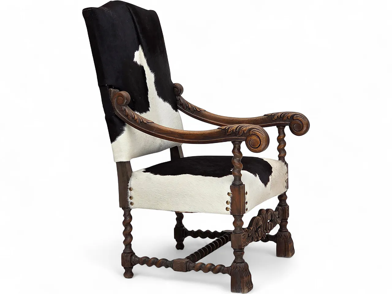 1950s, Danish highback armchair, genuine cowhide, oak wood. 20