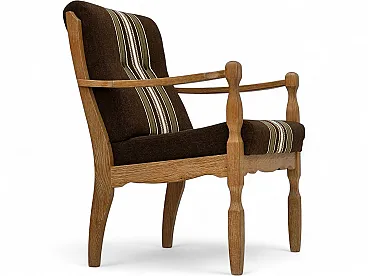 Danish armchair, original striped furniture wool, carved oak, 1970s