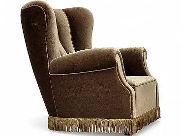 Danish relax armchair, dark green furniture velour, ash wood, 60s