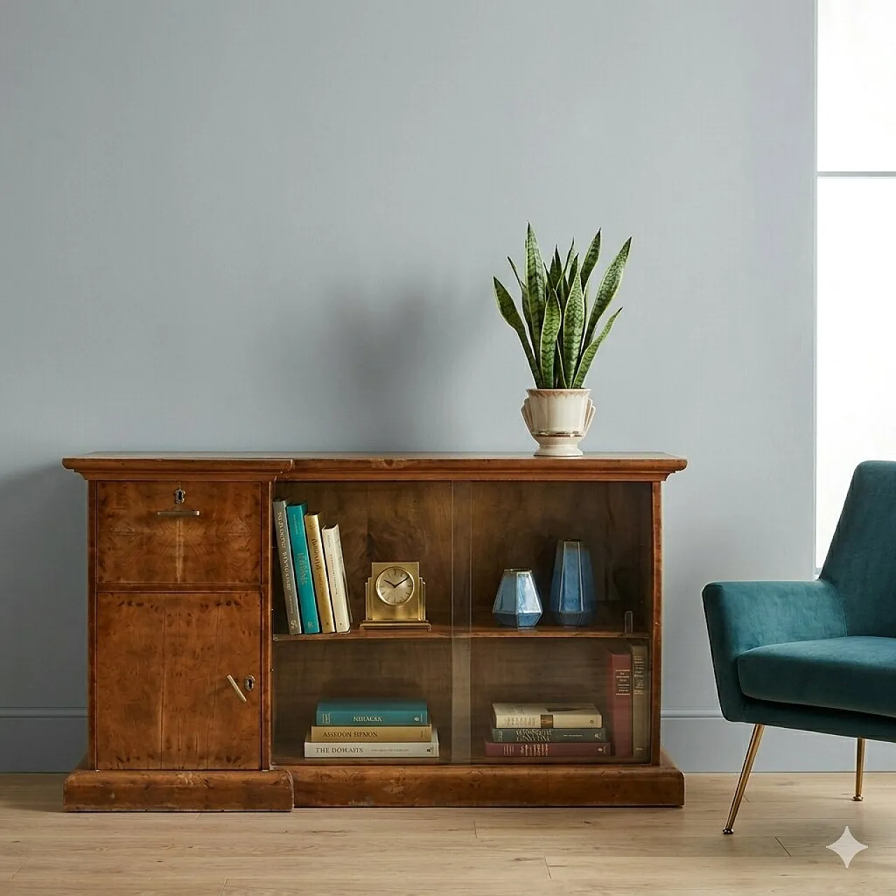 Art Deco display cabinet veneered in walnut root, 20th century 2