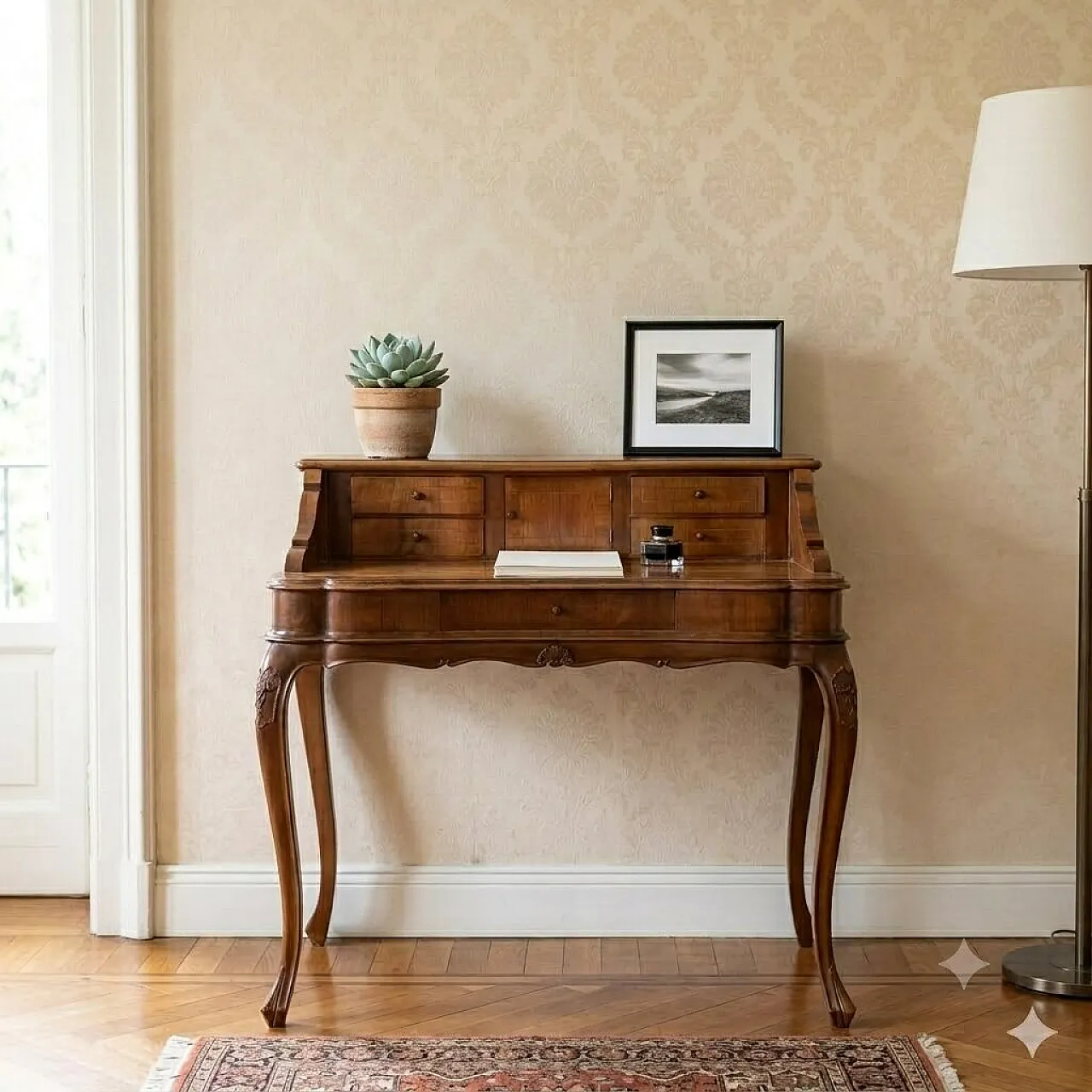 Baroque style writing desk in walnut, 20th century 2