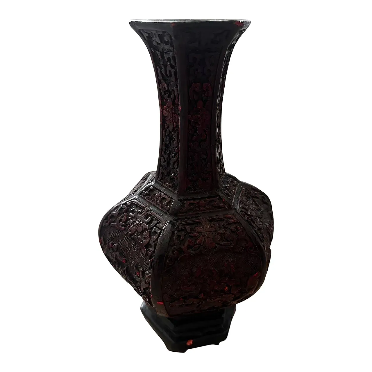 Chinese Carved Cinnabar Lacquer Hexagonal Vase 1