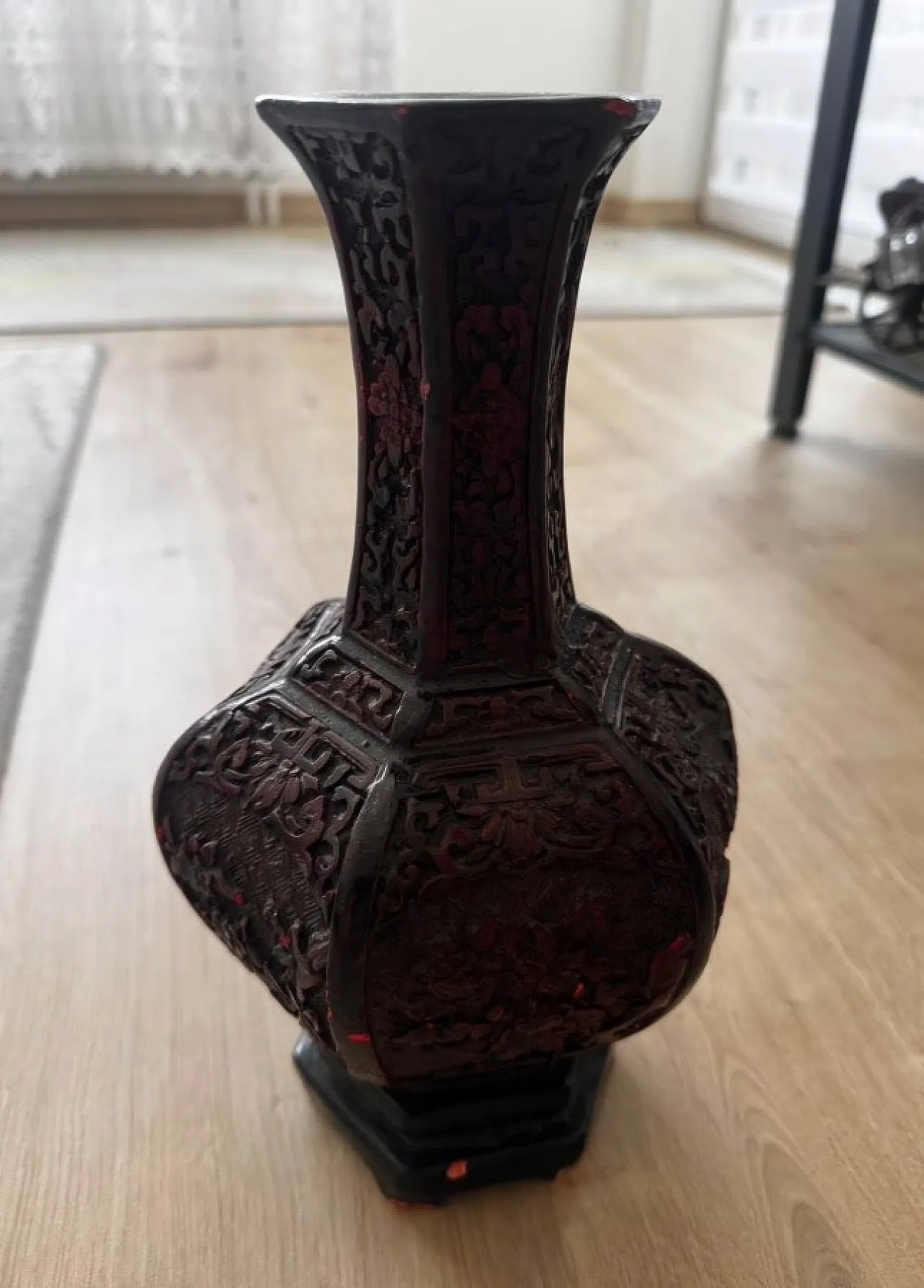 Chinese Carved Cinnabar Lacquer Hexagonal Vase 2