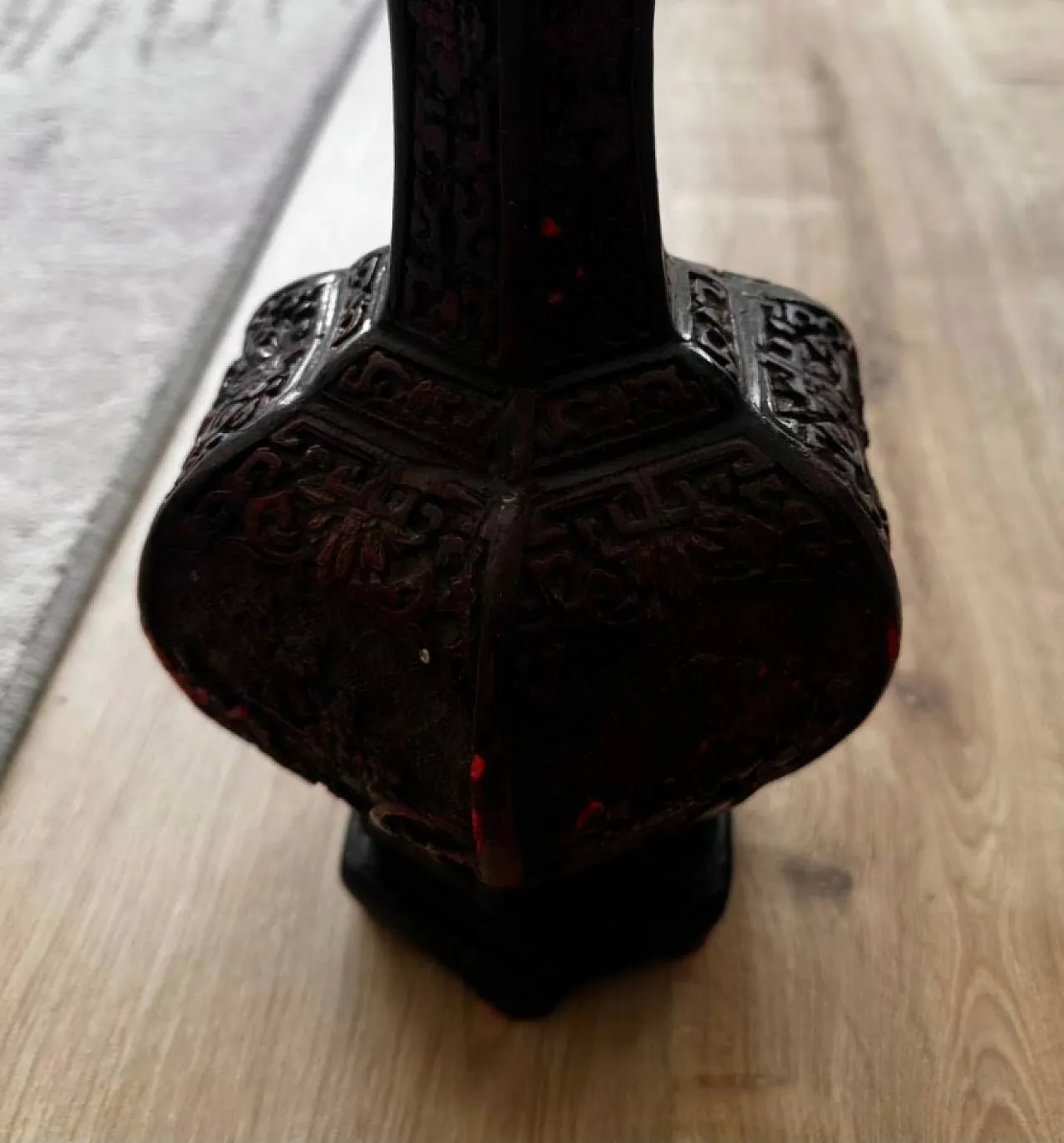 Chinese Carved Cinnabar Lacquer Hexagonal Vase 3