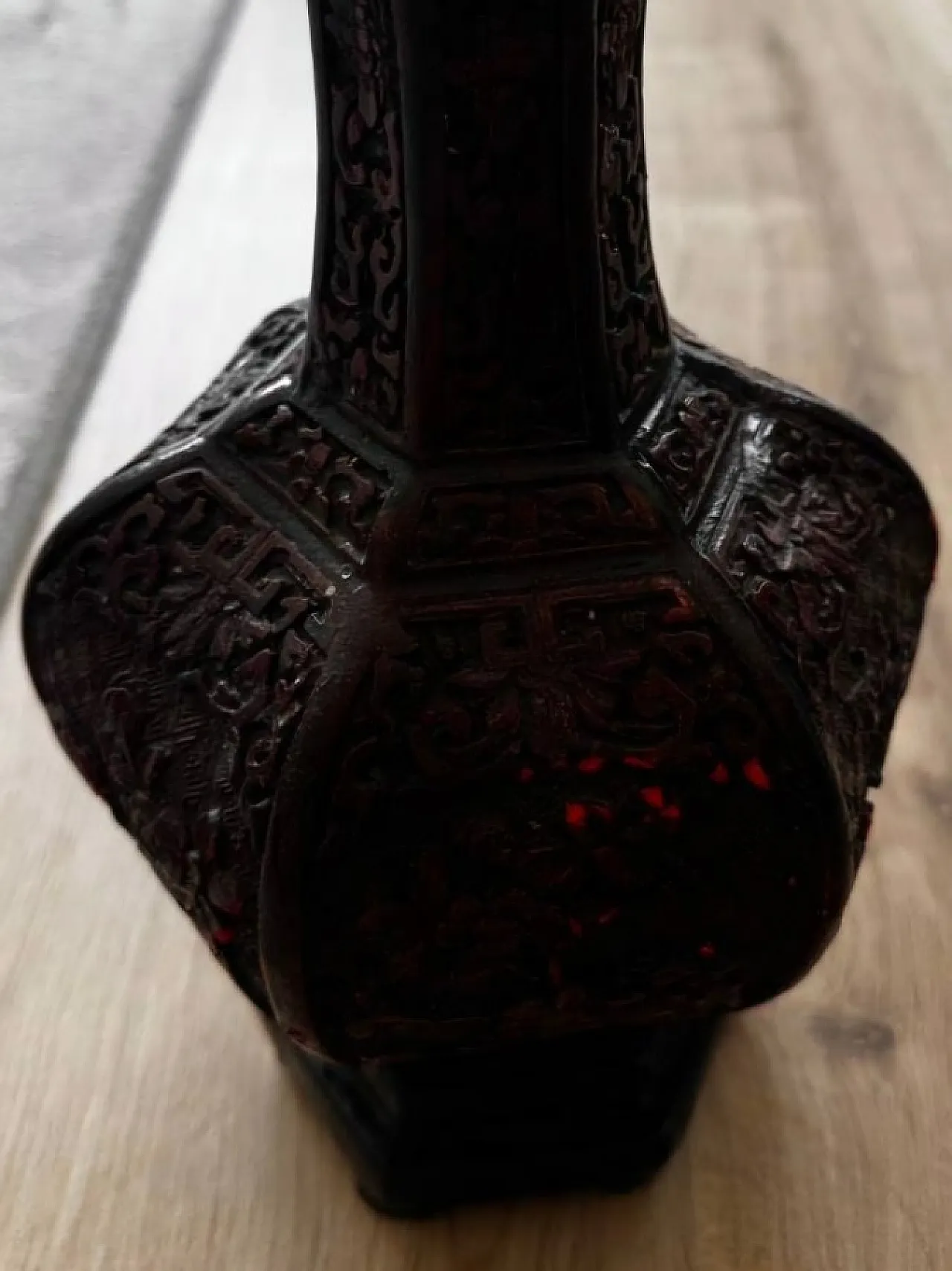 Chinese Carved Cinnabar Lacquer Hexagonal Vase 5