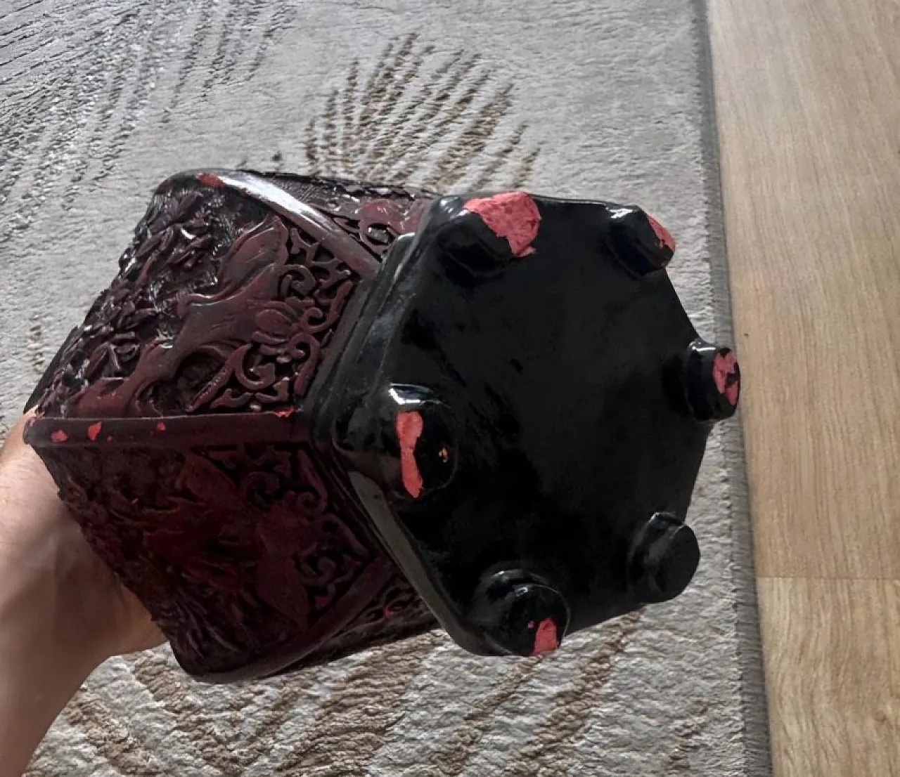 Chinese Carved Cinnabar Lacquer Hexagonal Vase 8
