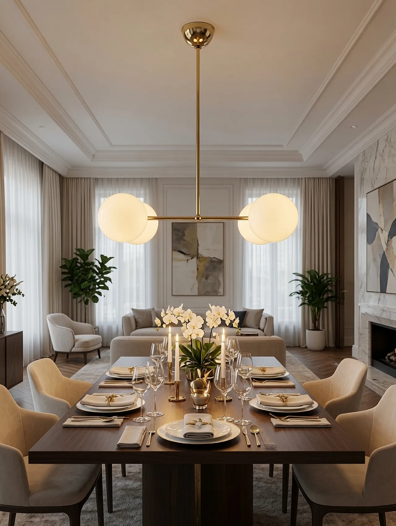 Brass Atomic Chandelier with 4 Opaline Globes, mid 20th Century 6