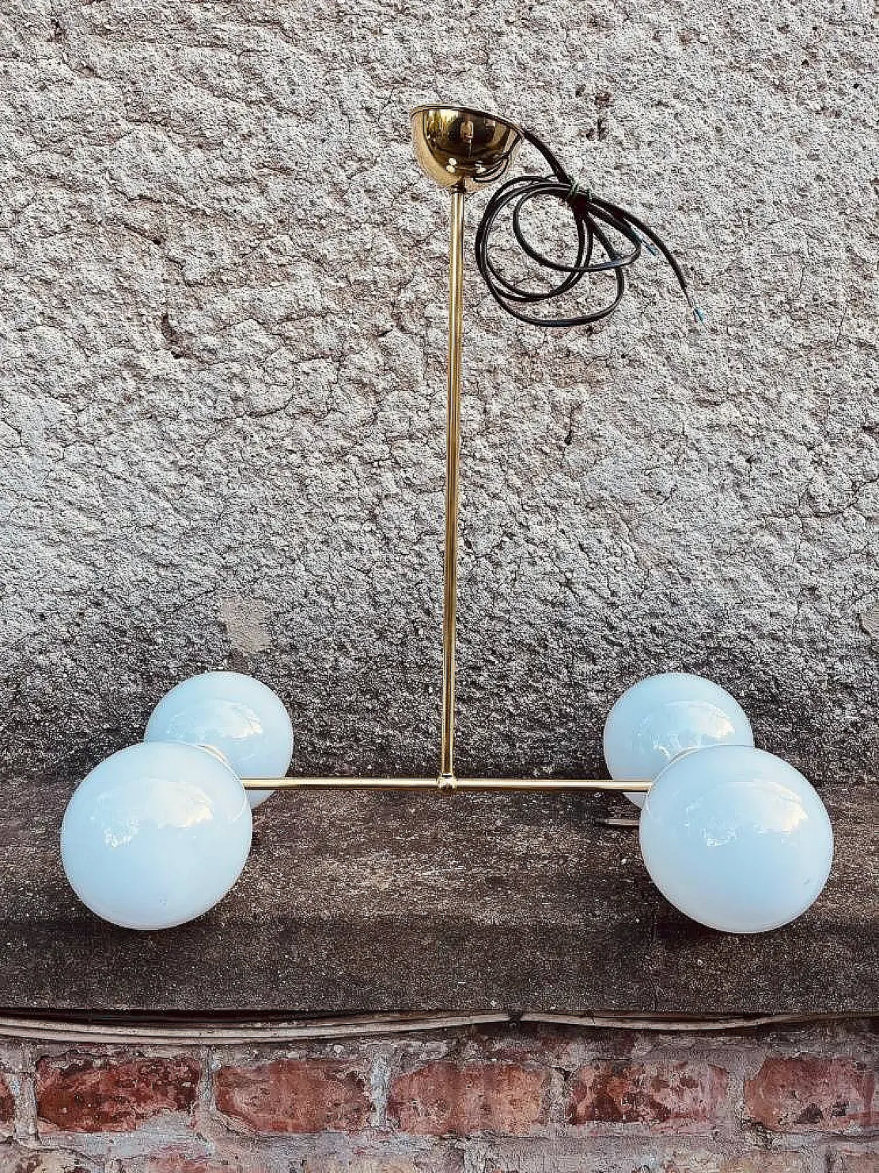 Brass Atomic Chandelier with 4 Opaline Globes, mid 20th Century 7
