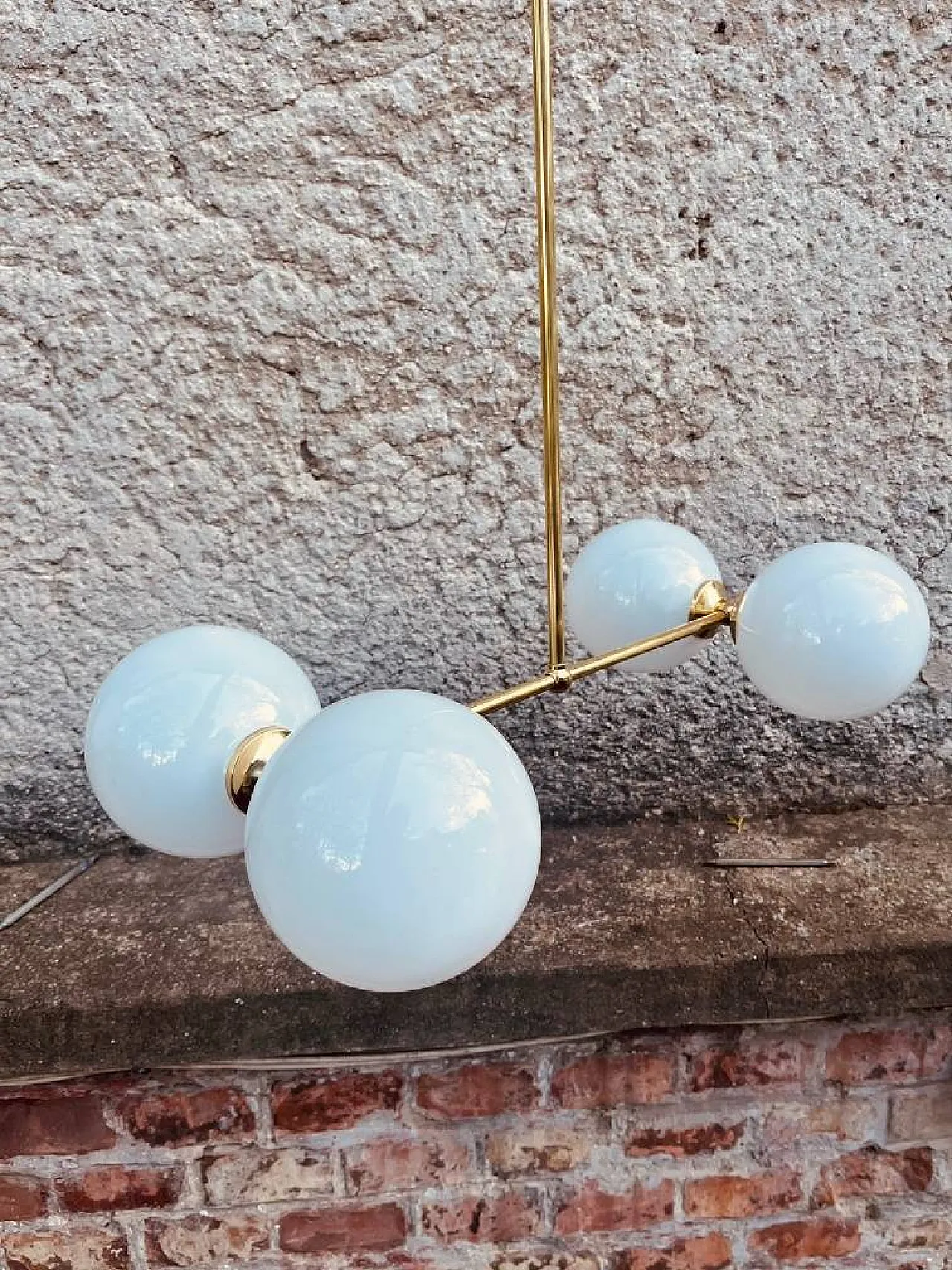 Brass Atomic Chandelier with 4 Opaline Globes, mid 20th Century 8