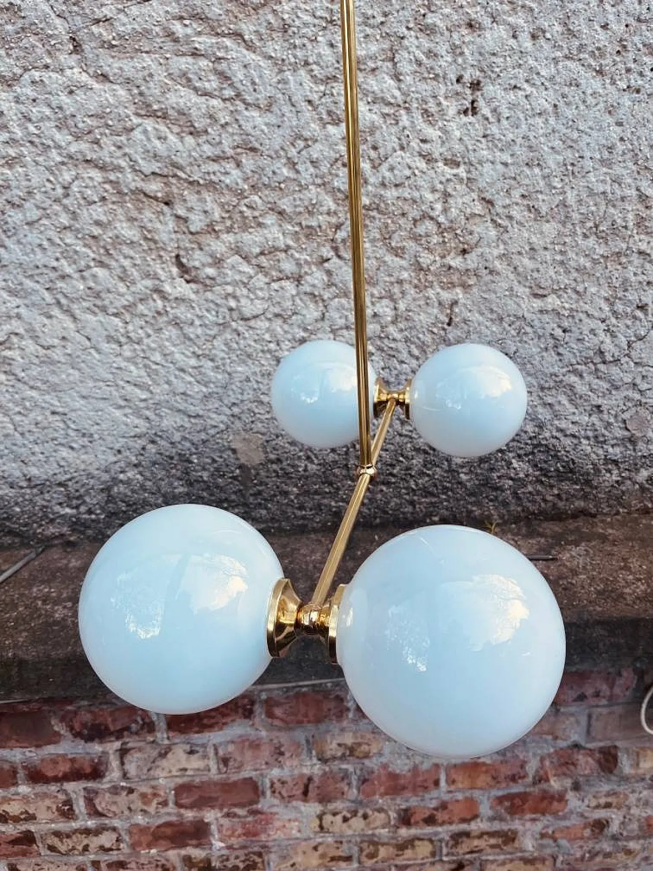 Brass Atomic Chandelier with 4 Opaline Globes, mid 20th Century 9