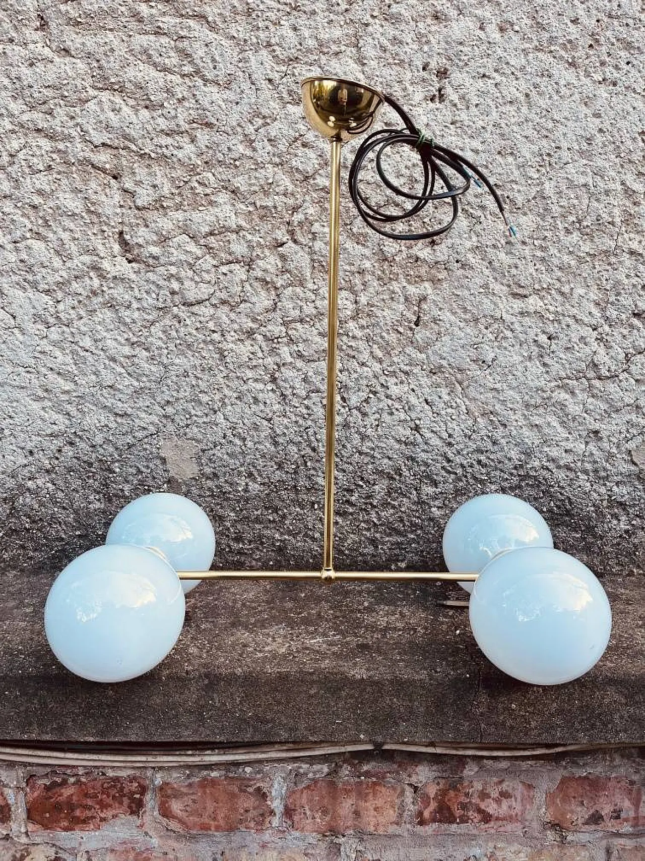 Brass Atomic Chandelier with 4 Opaline Globes, mid 20th Century 10