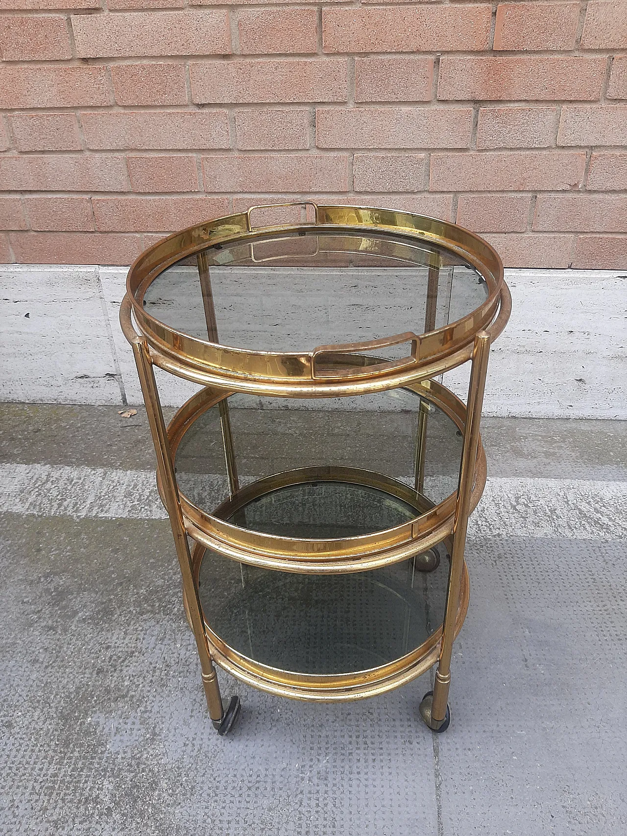 Bar trolley in brass with 3 removable tray shelves, 50s 4