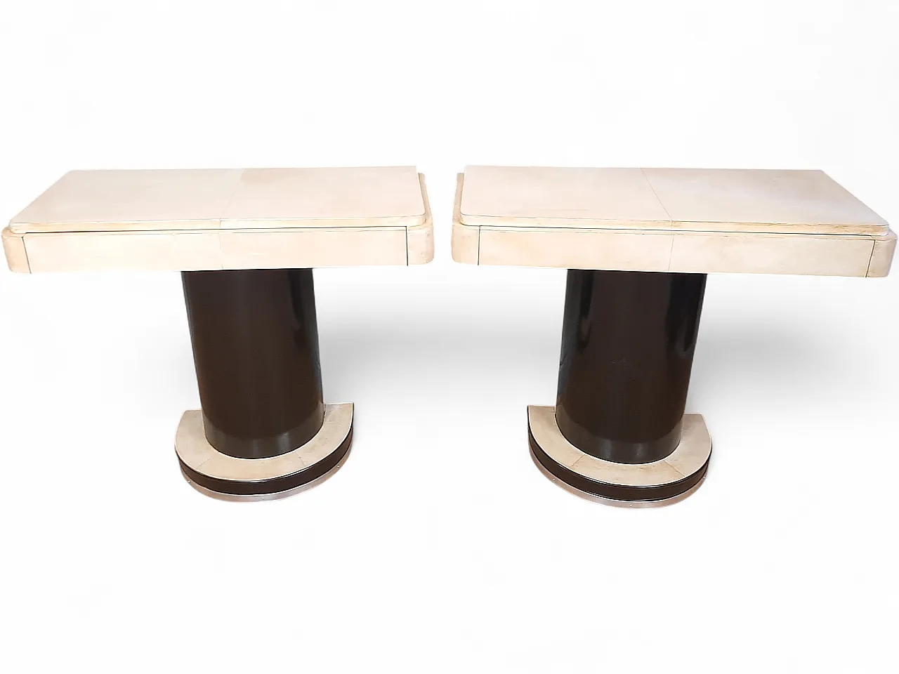 Pair of small art deco consoles in dark walnut and parchment, 1940s 11
