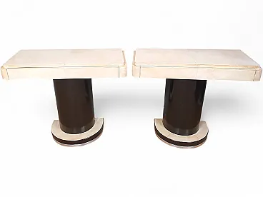 Coppia di consolle art deco in noce scuro e pergamena, anni '40