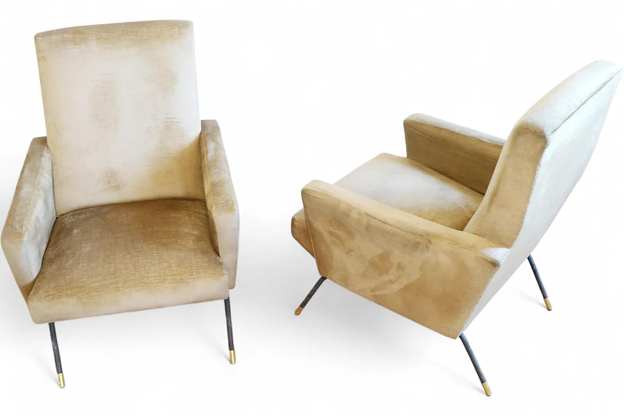 Pair of golden velvet armchairs by Zanuso, mid-20th century 25