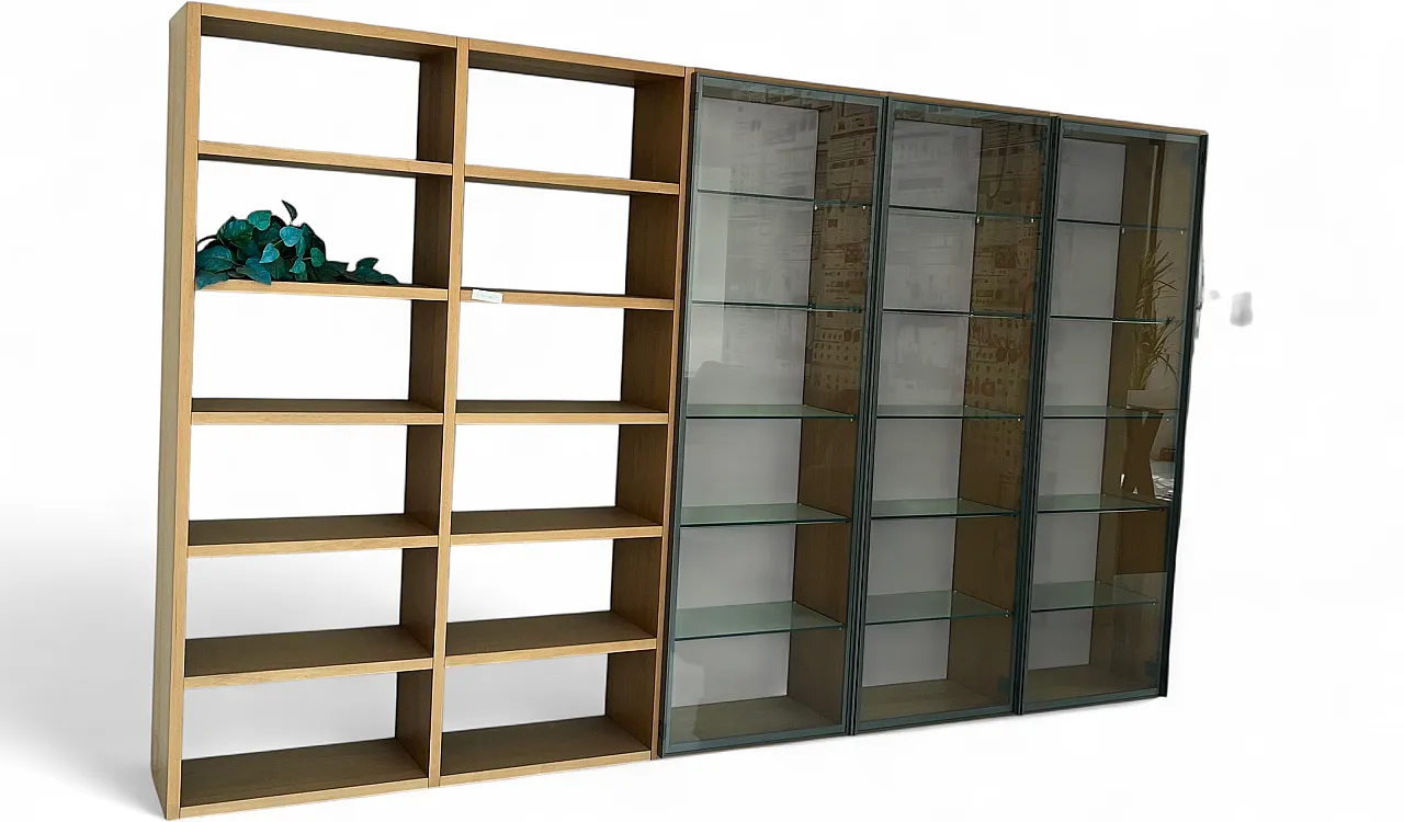Modern equipped wall bookcase in laminate and glass, 2000s 5