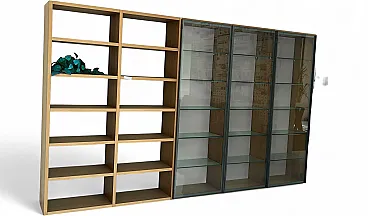 Libreria da parete attrezzata in laminato e vetro, anni 2000