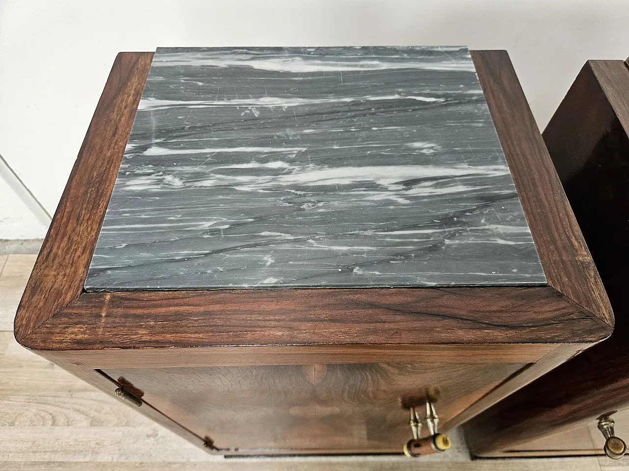Pair of 1930s Art Deco bedside tables in walnut root with marble 6